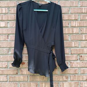 Ann Taylor Sheer Black Wrap Tie Front Blouse